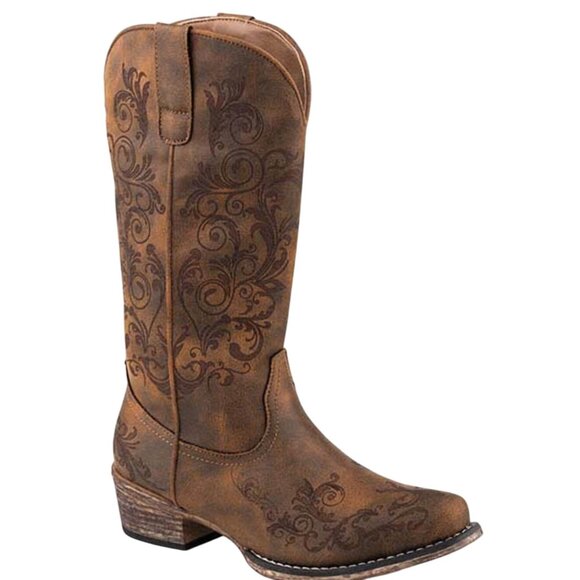 Roper Brown Tall Stuff Western Boots Brown Snip Toe Embroidered Design Size 8 - Picture 1 of 9